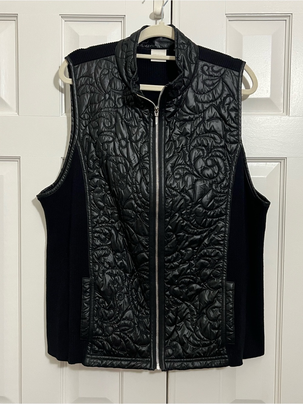 Chico's Black Quilted Sleeveless Vest with Knit Sides and back.